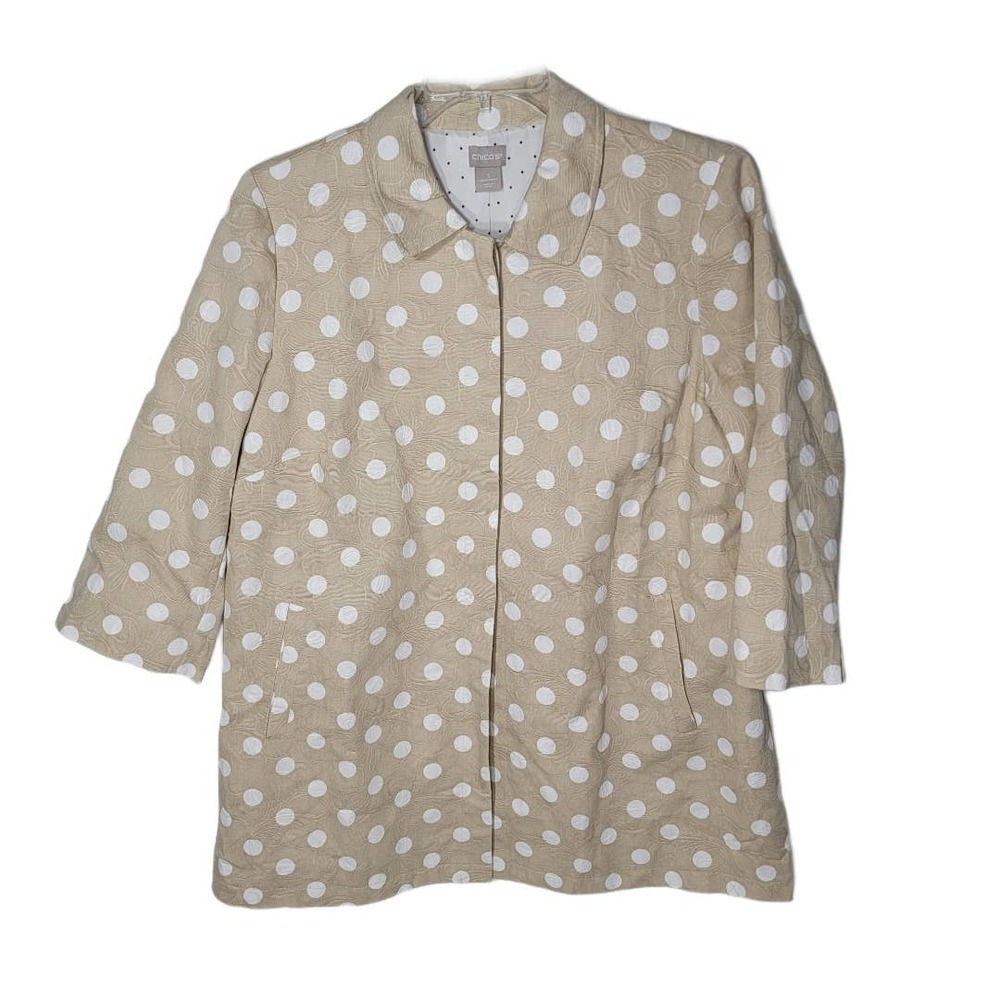 Chico's Topper Jacket Beige Ribbed Floral Button Blazer Polka Dots 3 (16-18)